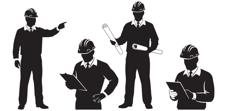 Skilled construction engineers architects and managers silhouettes in hard hats reviewing plans pointing supervising