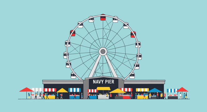 Navy Pier Ferris Wheel attraction, a landmark amusement with carnival stalls, represents leisure, entertainment, and family fun on a clear blue sky backdrop, perfect for travel and vacation visuals