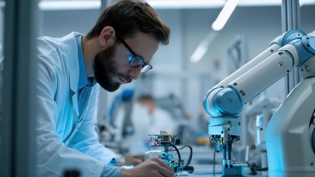 Engineer working on robotic development in a modern research lab during the day overseeing precision tasks with advanced machinery
