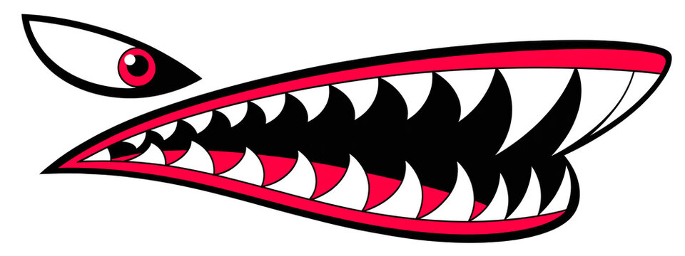 A stylized logo design featuring a menacing shark mouth with sharp white teeth against a black background.