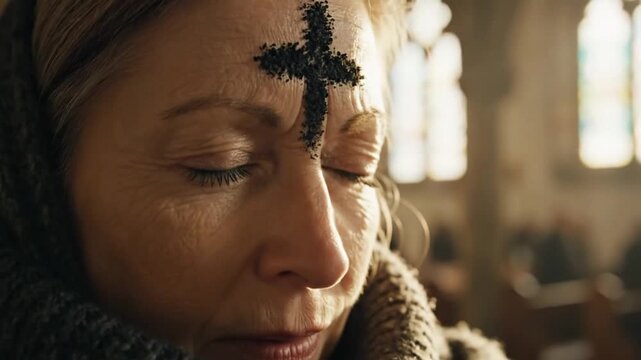 Ash Wednesday Close Up Of Woman With Ash Cross On Forehead