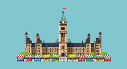 Parliament Buildings in Ottawa, Canada, with bustling market stalls lined up along the street, showcasing a vibrant urban landscape on a clear day