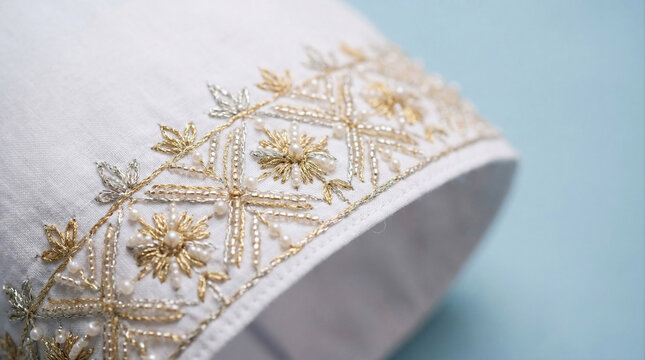 Close-up detail of embroidery on traditional Eid clothing, celebrating new beginnings