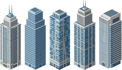 Fototapeta premium Isometric modern skyscraper buildings set urban development vector