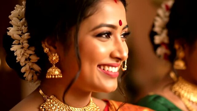 Beautiful Indian Bride Smiling During Wedding Ceremony.