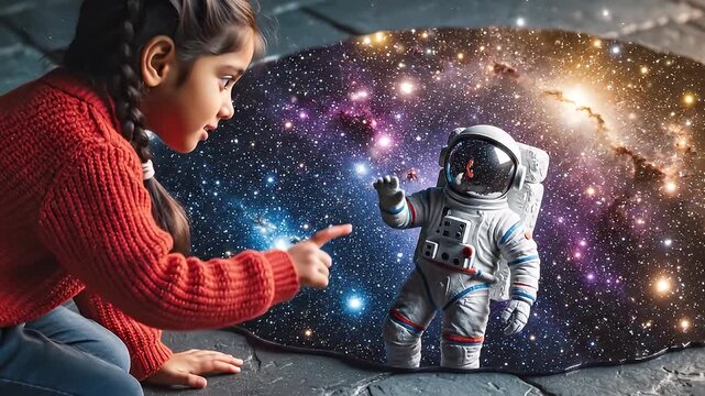 Curious girl meets tiny astronaut through galaxy portal.
