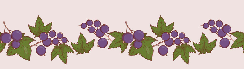 Branches Blackcurrant Seamless Border. Summer Berries with Leaves on Light Background. Botanical horizontal template Ornament. Vector illustration