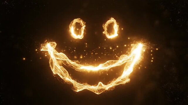 Animated glowing smiley face with sparkling particles on dark background.