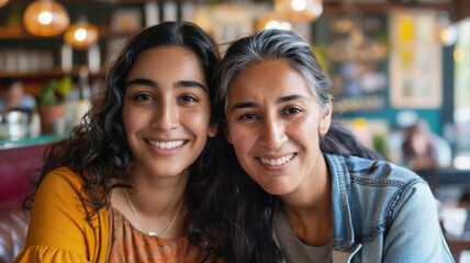 Portrait of happy middle-aged mother with gray hair and teenage daughter smiling cheek to cheek in a cafe