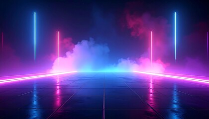Fototapeta premium Vibrant futuristic stage with glowing blue and pink neon lights, dense smoke, and a reflective floor