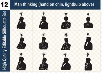 Silhouette set of a man thinking with hand on chin and lightbulb icon above, representing creative ideas, innovation, and strategic problem-solving.