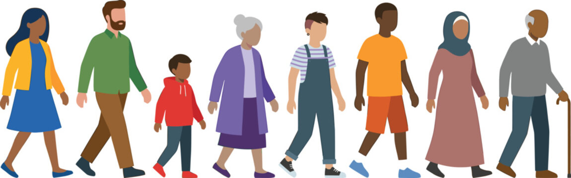 Diverse community people walking together, multicultural group of men, women, children and seniors, inclusive society flat vector illustration
