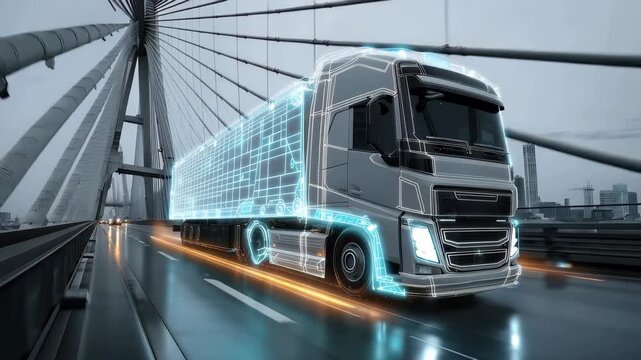 Autonomous truck navigates modern bridge while utilizing advanced AI sensors in urban environment