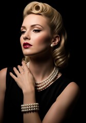 Obraz premium Vintage Style Portrait Of A Woman With Retro Pin-up Hair And Pearl Accessories On A Black Background