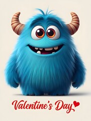 Obraz premium A cheerful blue monster with horns and a big smile wishes you a happy valentine's day