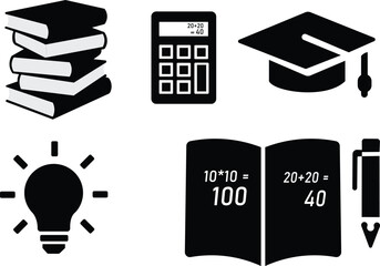 Education icon set with books, calculator, graduation cap, light bulb idea and pencil, black silhouette vector isolated on white background
