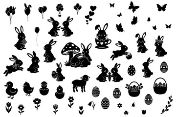 Cute Easter silhouette vector clipart set with bunnies eggs baskets chicks flowers and party balloons for kids nursery design © Dmitry