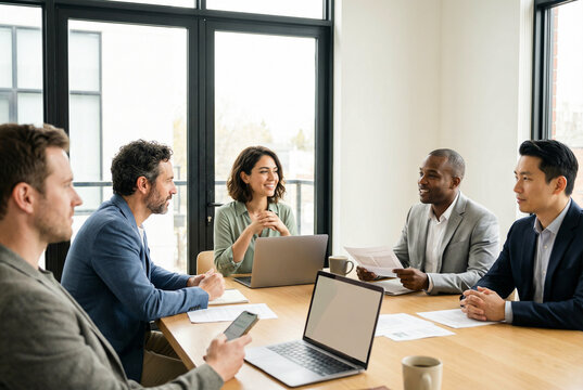 Business Team Meeting with Laptops in Modern Office