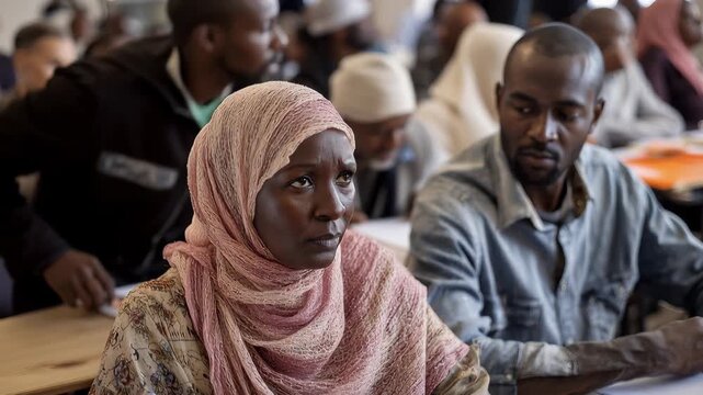 Adult education program for refugees and migrant workers takes place in a classroom setting with focused students engaged in learning activities