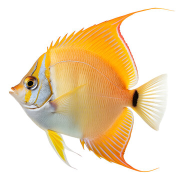 Vibrant yellow and orange tropical fish isolated on a white background.