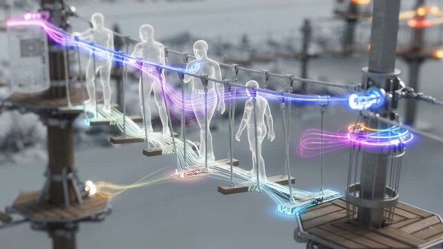 Detailed view of a digital twin overseeing ropes course structural integrity and user load emphasizing the 3D models wear points with peripheral elements out of focus