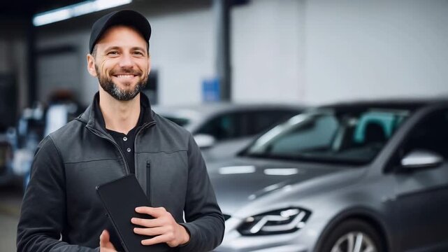 Man inspects cars with tablet in a dealership area