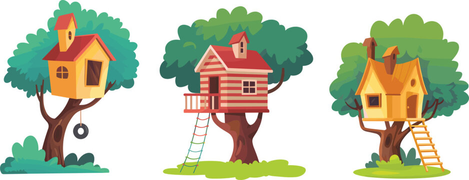 Whimsical cartoon treehouses illustration, playful kids architecture design, colorful fantasy homes with ladders, swings, balconies, creative childhood outdoor art