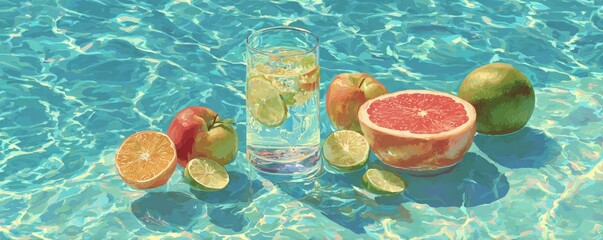 Refreshing Summer Drink and Fruits in Sparkling Water Under Bright Sunlight