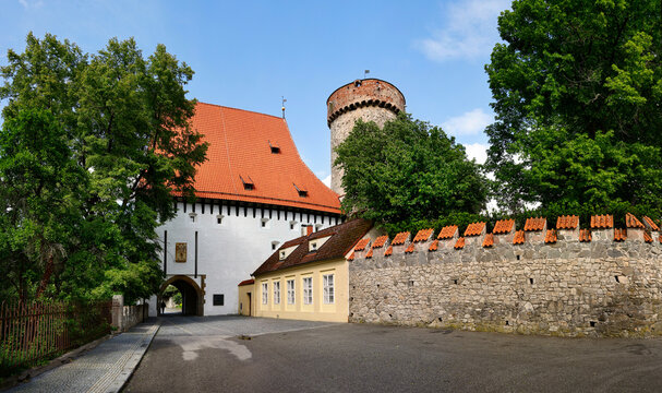 Medieval Kotnov Castle with tower and Bechyne Gate guarding the historic town of Tabor, Czech Republic