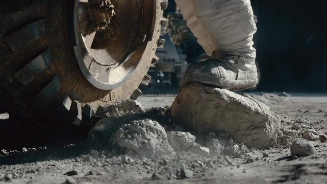 4K Astronauts boot stepping on a rock on the moons surface, with a lunar rover wheel nearby, symbolizing space exploration and discovery video
