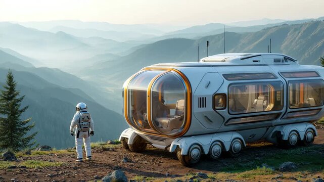 4K Astronaut in a spacesuit stands beside a futuristic mobile research vehicle, overlooking a vast, misty mountain range at sunrise, symbolizing exploration and adventure video