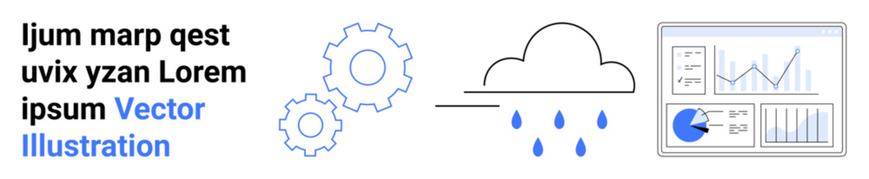 Cloud, rain droplets, gears symbolizing processing, and analytics dashboard with charts. Ideal for weather analysis, data processing, cloud technology, innovation, environment AI simple landing