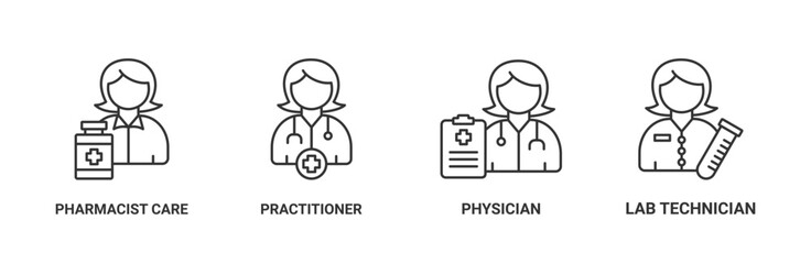 Healthcare professionals banner web icon vector illustration concept with icon of pharmacist, practitioner, physician, and laboratory technician