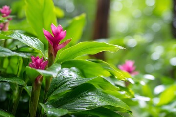 Obraz premium Exotic Flowers Thriving in a Misty Tropical Forest Environment