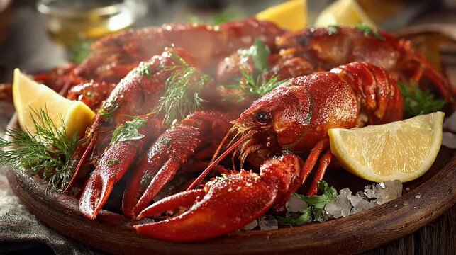 Delicious cooked crawfish platter with fresh lemon slices and herbs vibrant red color and textured details on rustic wooden board