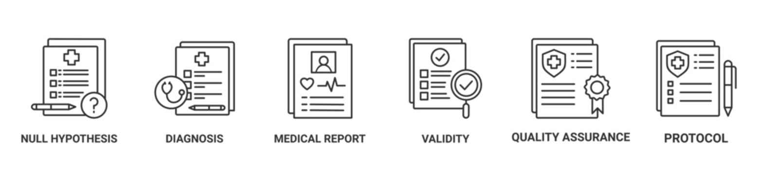 Medical research banner web icon vector illustration concept with icon of null hypothesis, medical diagnosis, medical report, data validity, quality assurance, and protocol