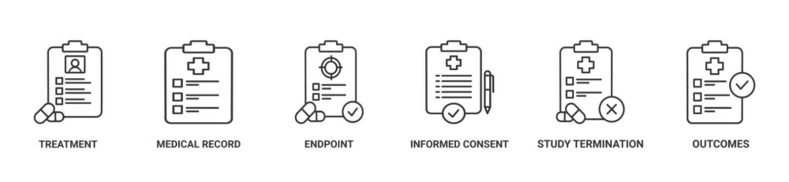 Clinical treatment banner web icon vector illustration concept with icon of treatment, medical record, endpoint, informed consent, study termination, and outcomes