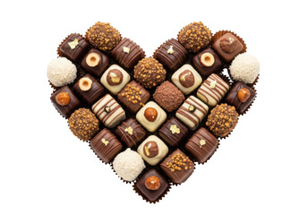Heart-shaped arrangement of assorted chocolates on a white background. isolated on transparent background