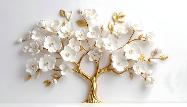 Illustration of elegant gold tree sculpture with white flowers on white background