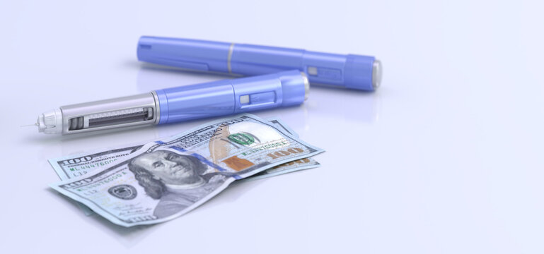 Insulin pen autoinjectors with US dollar banknotes representing the high cost of diabetes medication and pharmaceutical pricing. Diabetes and obesity treatment, pharmaceutical marketing, healthcare