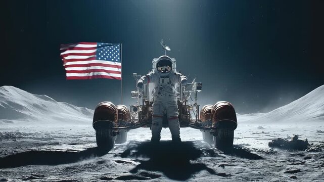 4K Astronaut on the moon with american flag and lunar rover, symbolizing space exploration, discovery, and human achievement in the cosmos video