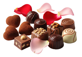 Assorted chocolates and candies arranged on a white surface with red hearts isolated on transparent background