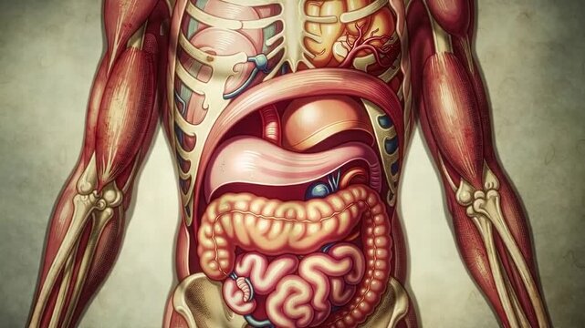 Detailed human torso anatomy zoom with digestive organs.