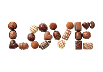 Delicious assortment of chocolates arranged to spell out love isolated on transparent background