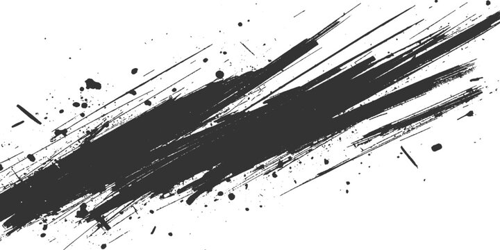 Grungy black ink splat texture featuring artistic paint splashes and liquid drips as a dirty vector design element on a white background