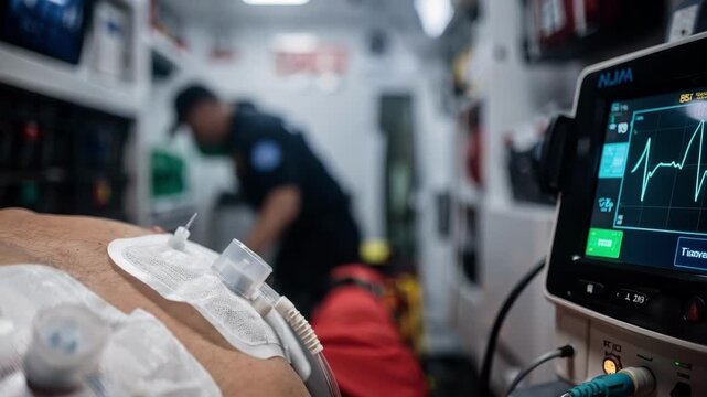Sharp image of defibrillator pads connected to patient with the devices digital screen focused and paramedic silhouette in the hazy ambulance cabin.
