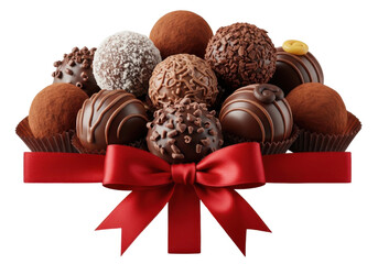 A beautifully arranged box of assorted chocolates with a red ribbon. isolated on transparent background