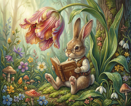 Zajączek wielkanocny czytający książkę pod gigantycznym tulipanem