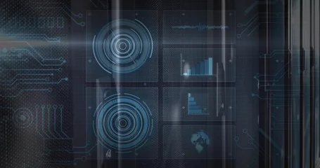 Fotobehang Buffet Displaying translucent six-panel HUD in dark control center, showing concentric targets, bar charts  © vectorfusionart