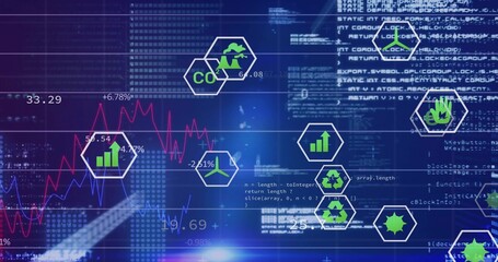 Displaying digital dashboard on screen, showing hexagonal green icons and magenta blue charts